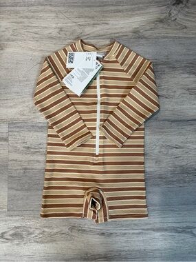 H&M Striped Long-Sleeve One-Piece Swimsuit - Tan & Cream